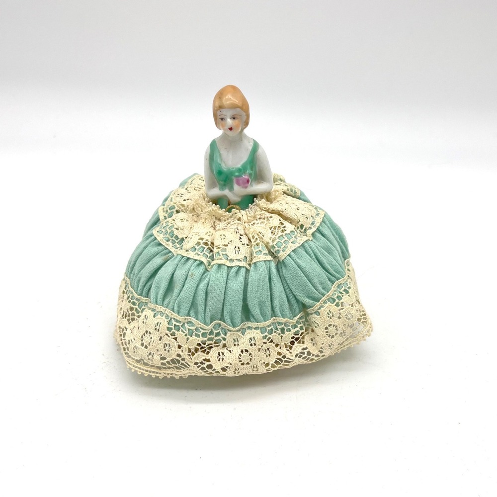 Vintage‎ Porcelain Half Doll Pin Cushion Made in Japan Green Lace Dress Lady